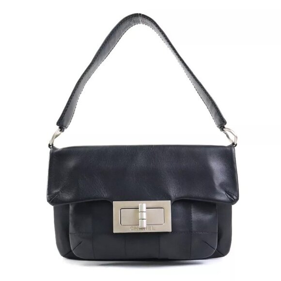 Auth CHANEL 2.55 Shoulder Bag Black Leather/Silvertone - Picture 1 of 16